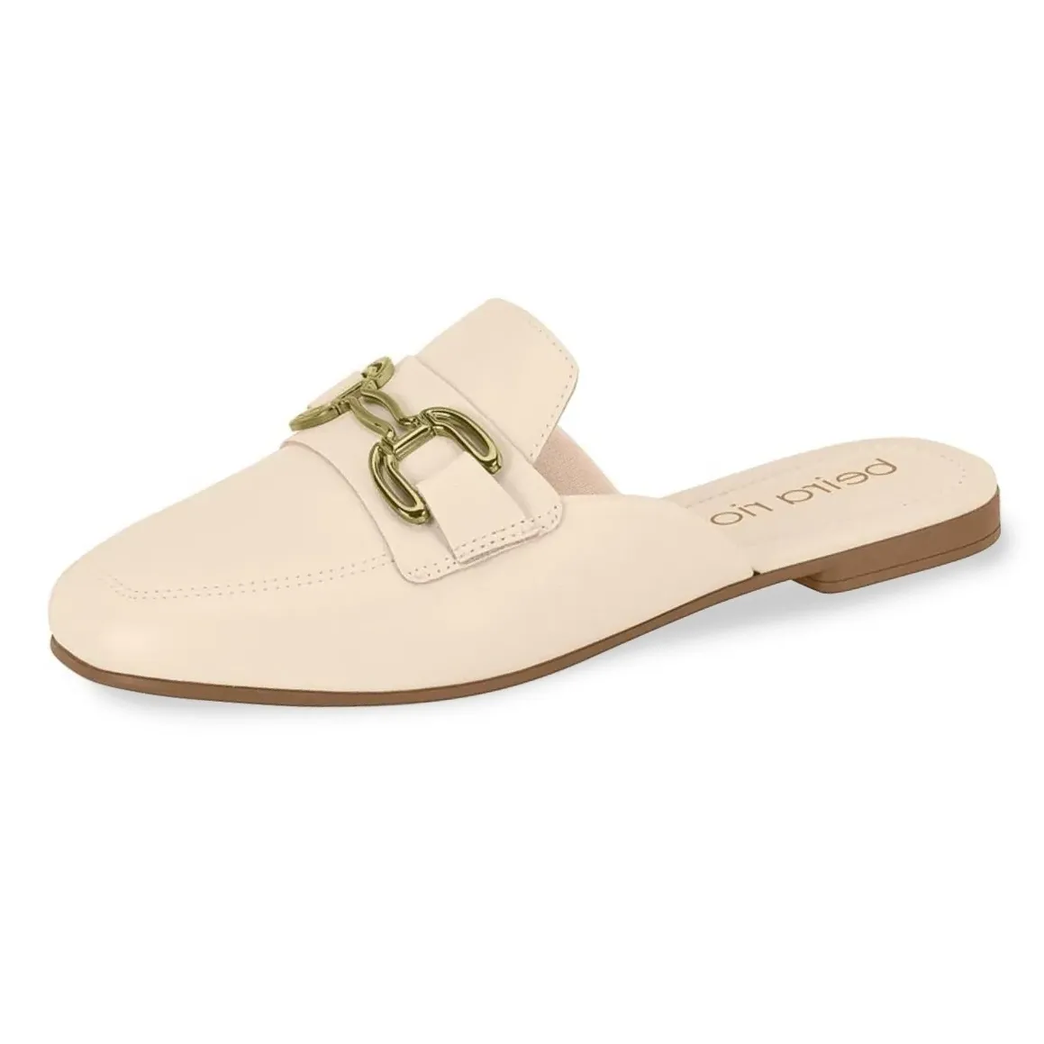 Sapato mule casual feminino Beira Rio na cor ostra, material sintético, detalhe metálico dourado e solado marrom claro.